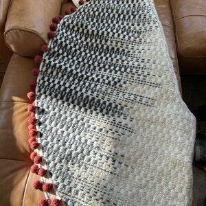 Magnolia Co Christmas tree skirt. Cream, charcoal with Red Pom Poms